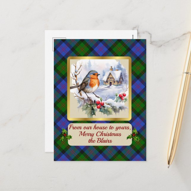 Blair Crest & Tartan w/Robin Personalized   Holiday Postcard (Front/Back In Situ)