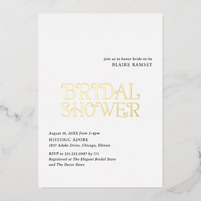 Blaire Black White Modern Bridal Shower Foil Invitation (Front)