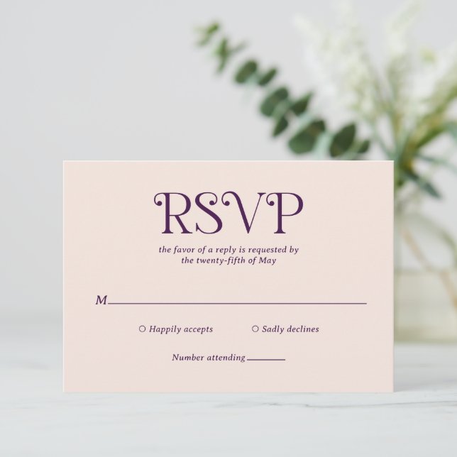 Blaire Purple Modern Wedding RSVP Card (Standing Front)