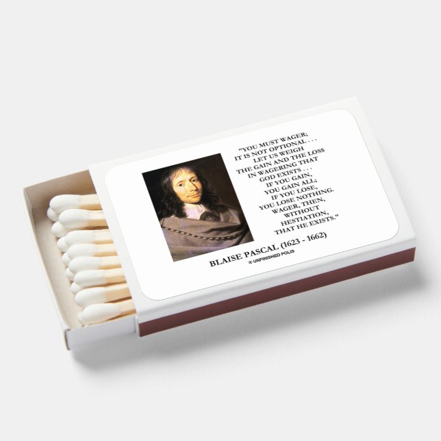 Blaise Pascal Gain Loss Wagering God Exists Quote Matchboxes (Front Open)