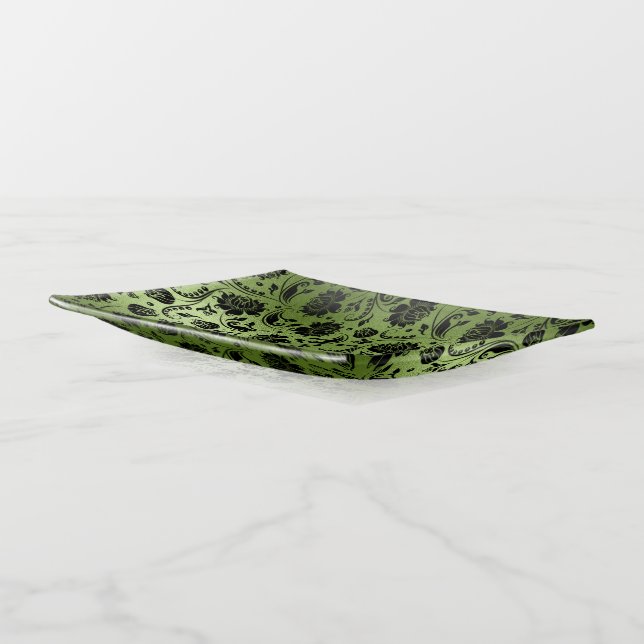 Blak Floral Damask On Iridescent Green Texture Trinket Tray (Angled)
