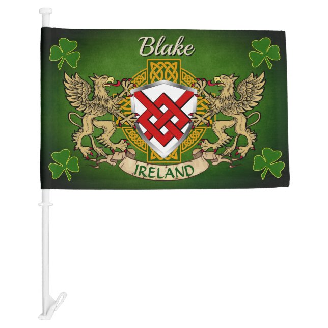 Blake Irish Shield & Celtic Cross Personalized Car Flag (Front)