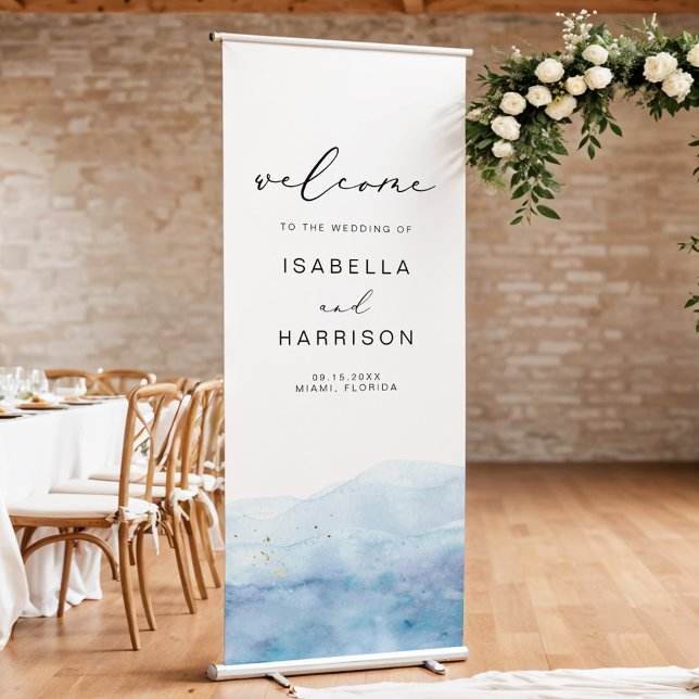 BLAKELY Blue Watercolor Gold Fleck Wedding Welcome Retractable Banner (Creator Uploaded)