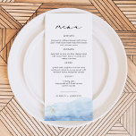 BLAKELY Dusty Blue Watercolor Beach Wedding Menu<br><div class="desc">This menu features a beautiful sky blue watercolor dip,  faux gold foil flecks and an elegant script font. This menu is perfect for your beacg wedding,  something blue bridal shower,  boy baby shower,  or any other event. Easily edit *most* wording to meet your needs.</div>