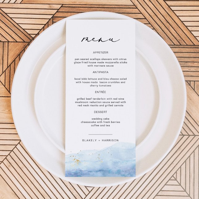 BLAKELY Dusty Blue Watercolor Beach Wedding Menu (Creator Uploaded)