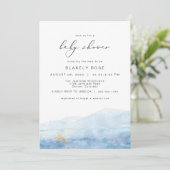 BLAKELY Ocean Blue Watercolor Gold Baby Shower Invitation (Standing Front)