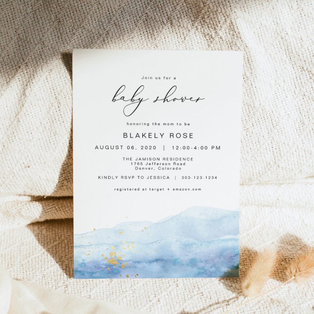 BLAKELY Ocean Blue Watercolor Gold Baby Shower Invitation