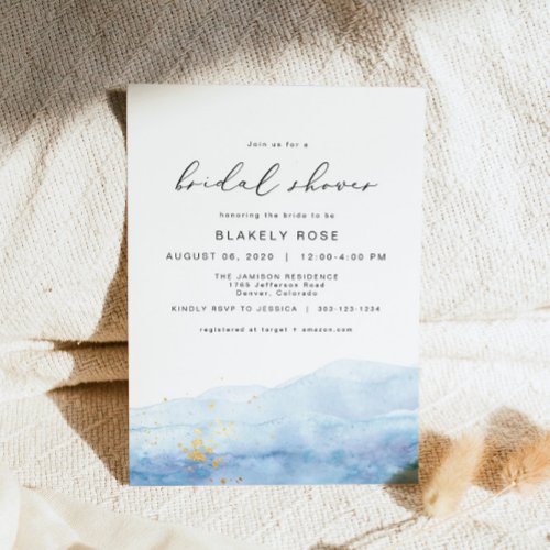 BLAKELY Ocean Blue Watercolor Gold Bridal Shower Invitation