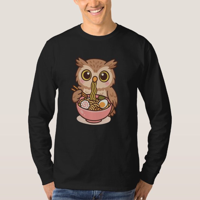 Blakiston's Fish Owl Eating Ramen Noodles Kawaii C T-Shirt (Front)