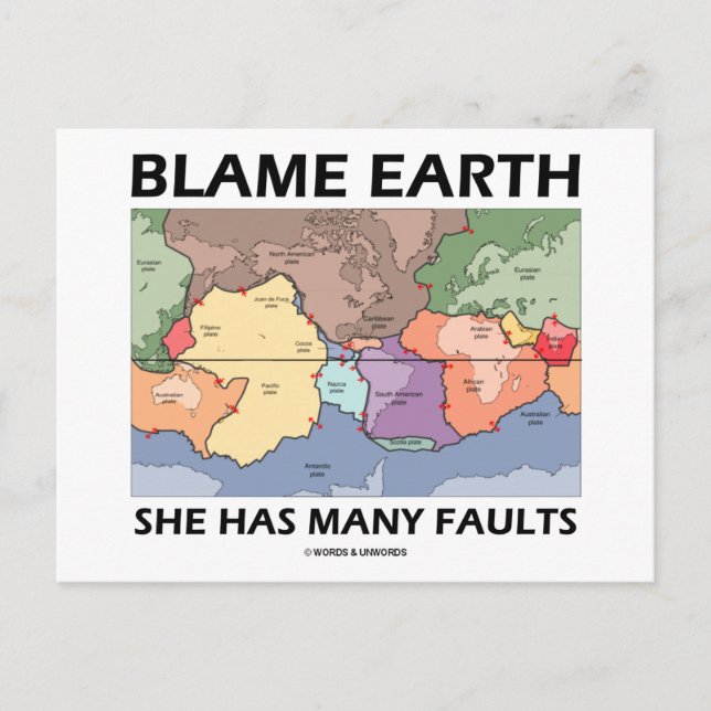 Blame Earth She Has Many Faults (Plate Tectonics) Postcard (Front)