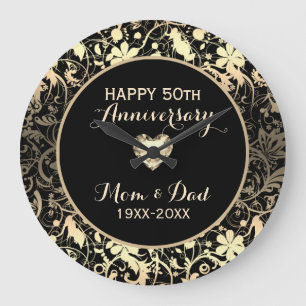 Blanched Almond Damask And Heart- Anniversary Large Clock