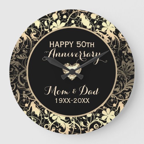 Blanched Almond Damask And Heart_ Anniversary Large Clock