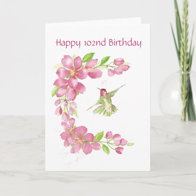 Blank 102nd Birthday Cherry Blossom & Hummingbird Card (Front)