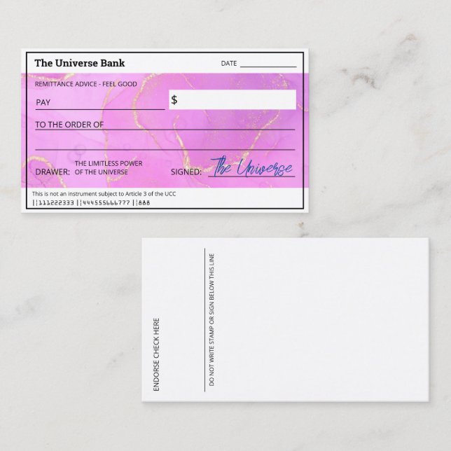 Blank Abundance Check Feminine Law of Attraction  Business Card (Front/Back)