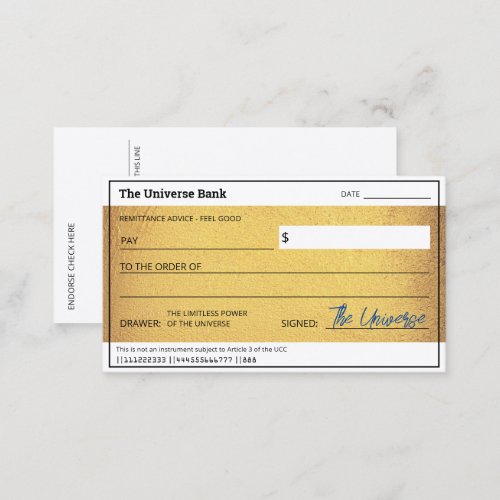 Blank Abundance Check Gold Law of Attraction  Business Card