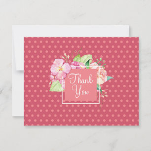 Blank Back Thank You Pink Dots & Coral Floral Note Card