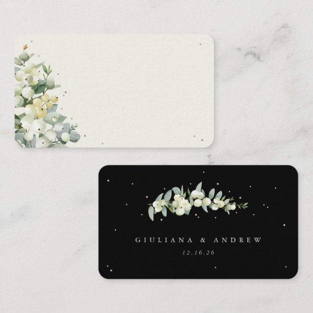 Blank Black/Cream Snowberry + Eucalyptus Wedding Place Card (Front/Back)
