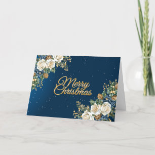 Blank Blue & Gold Christmas Florals Card