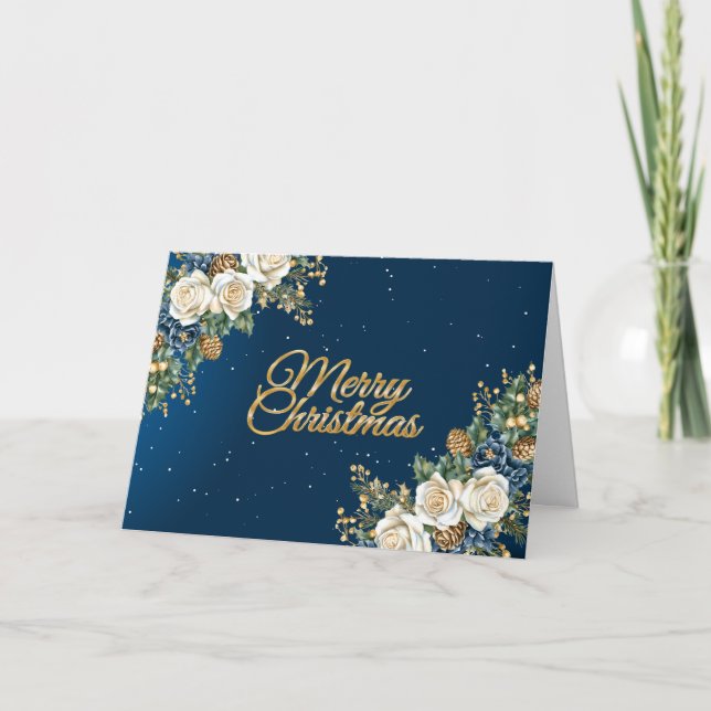 Blank Blue & Gold Christmas Florals Card (Front)