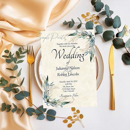 Blank budget Eucalyptus and gold wedding  Invitation