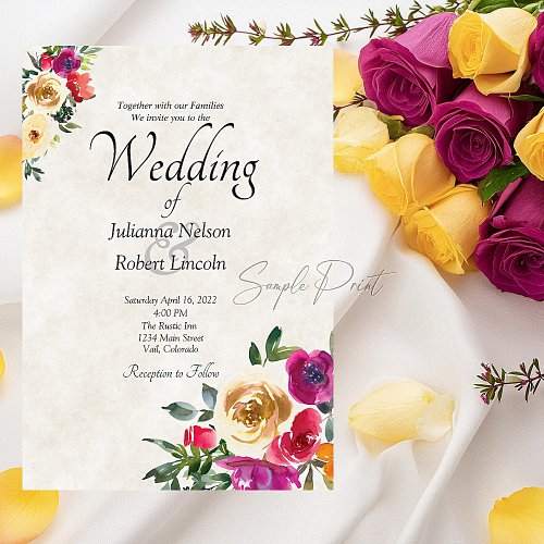 Blank budget lemon and magenta floral wedding invitation