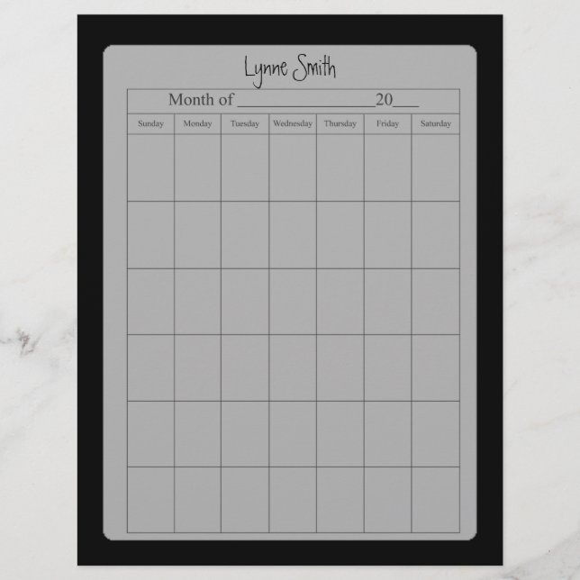 Blank Calendar Page for school, Just Plain Black (Front)