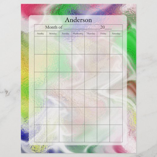 Blank Calendar Page, Fuzzy Colors Design (Front)