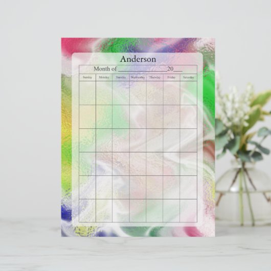 Blank Calendar Page, Fuzzy Colors Design (Standing Front)