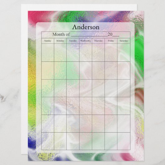Blank Calendar Page, Fuzzy Colors Design (Front/Back)