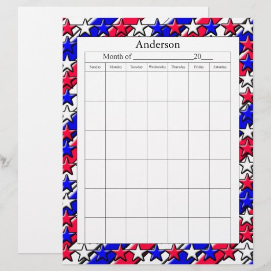 Blank Calendar Page - Red, White, and Blue (Front/Back)