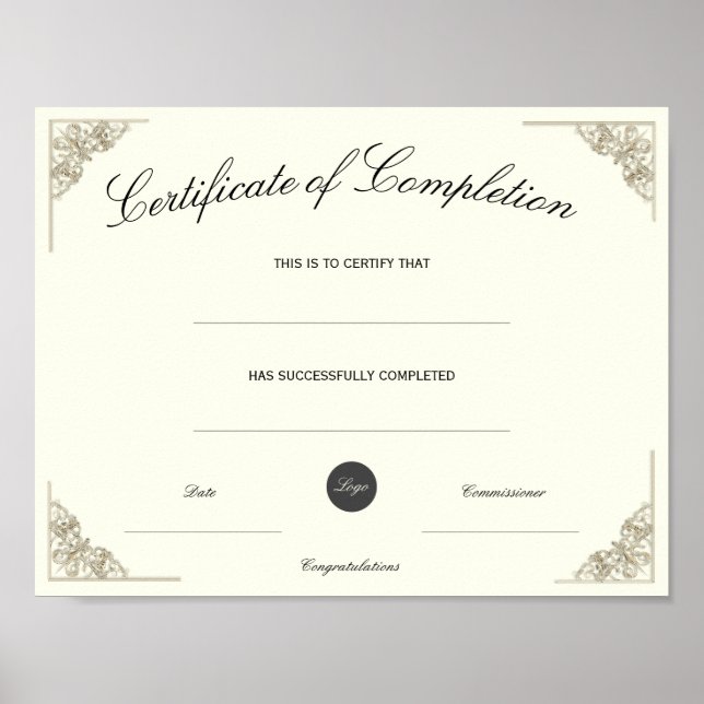 Blank Certificate of Completion w/ Custom Logo Poster (Front)