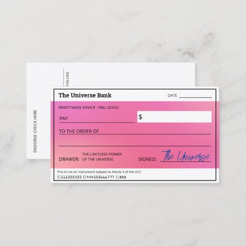 Blank Check Pink Aura Law of Attraction Abundance Business Card