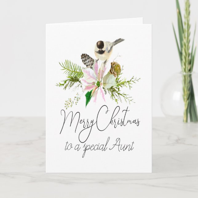 Blank Christmas Chickadee Bird Pointsettia Aunt Card (Front)