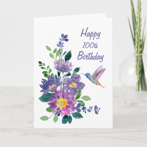 Blank Custom 100th Birthday Hummingbird Flower Card