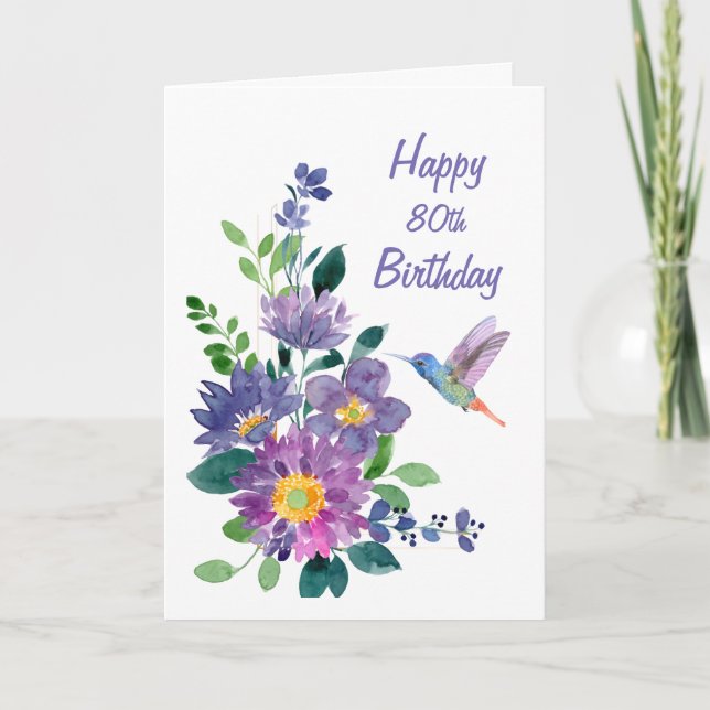 Blank Custom 80 Birthday Hummingbird Garden Flower Card (Front)