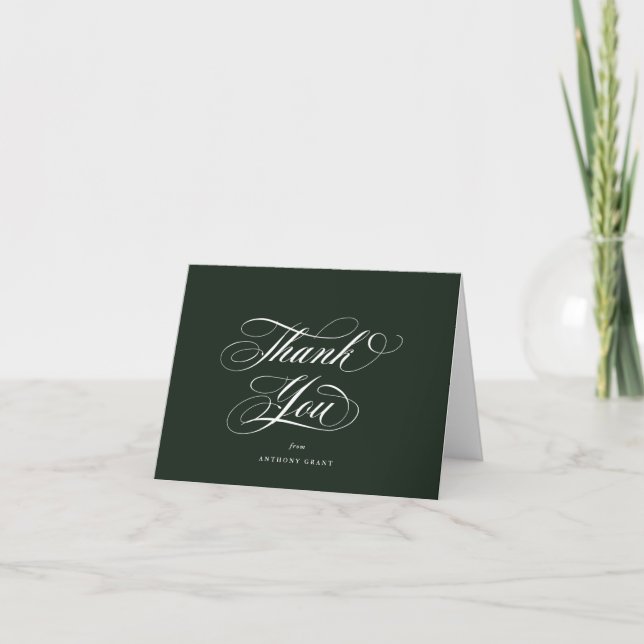 Blank Dark Green Elegant Script Graduation Thank You Card (Front)