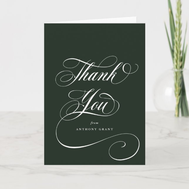 Blank Dark Green Elegant Script Graduation Thank You Card (Front)