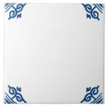 Blank Delft Blue and White Ox head Corner Flourish Ceramic Tile<br><div class="desc">Feel free to add your own custom text or image to the blank center of this tile if desired. Or ou can leave it blank for a simple, minimmal look. // "custom customizable blank template", "personalized customized leaf corners", "personal customised text sign", "monochrome minimalist ceramic tile", "antique dutch folk art...</div>