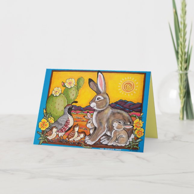 Blank Desert Wildlife Rabbit Quail Sunrise Cactus Card (Front)