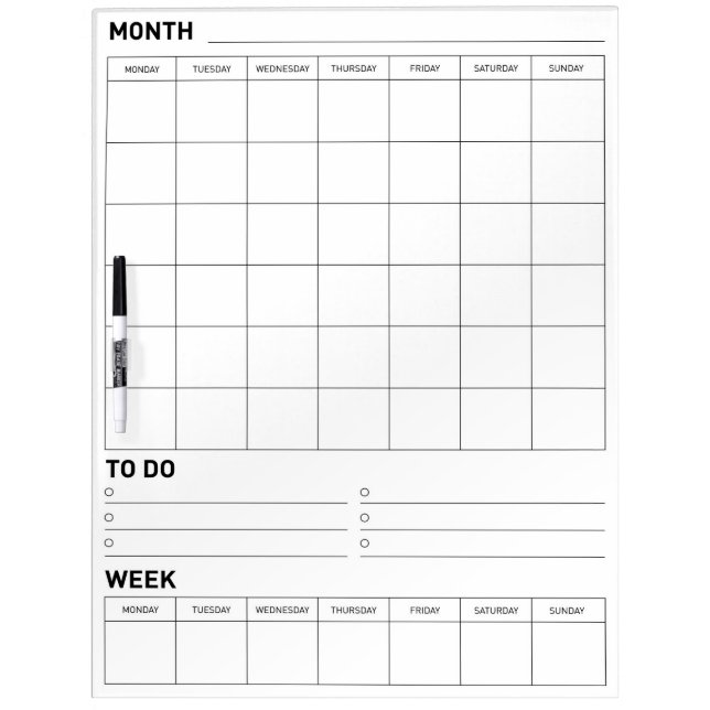 Blank Dry Erase Board Monthly and Weekly (Front)