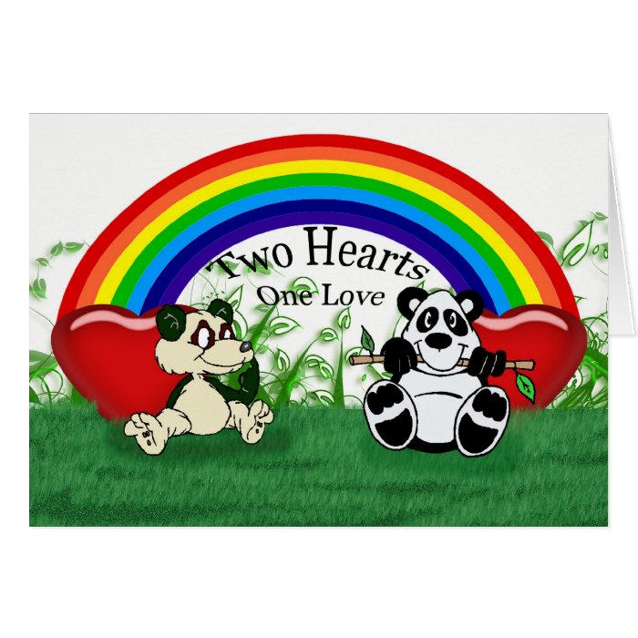 Blank gay lesbian Love card with pandas and rainbo