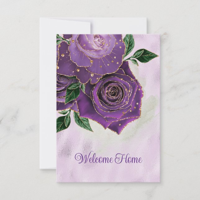 Blank Glamorous Gold and Purple Roses Welcome Home Announcement (Front)