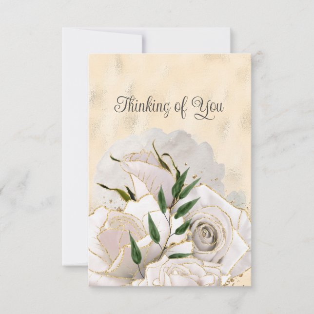Blank Glamorous Gold White Roses Thinking of You Announcement (Front)