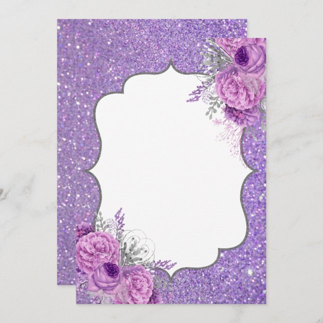Blank Glitter Purple Floral Invitation (Front/Back)