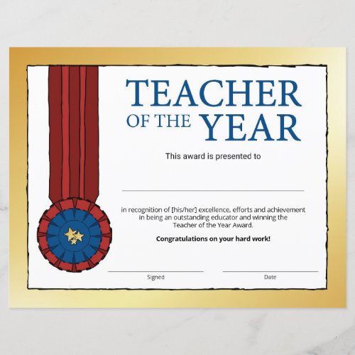 Blank Gold Teacher of the Year Certificate Award