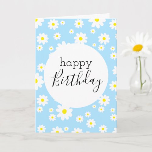 Blank Happy Birthday Daisy Flower Pattern Blue Card