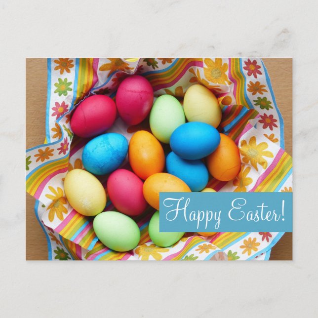 Blank - "Happy Easter" Colorful Eggs & Flowers Holiday Postcard (Front)