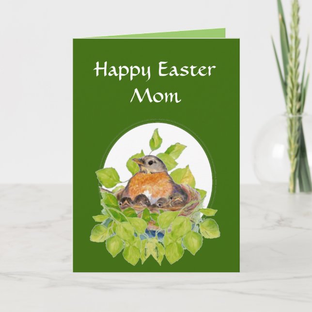 Blank Happy Easter Mom, Mother Robin on Nest Holiday Card (Front)