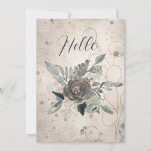 Blank Hello Sage Green Cream Watercolor Flowers Announcement