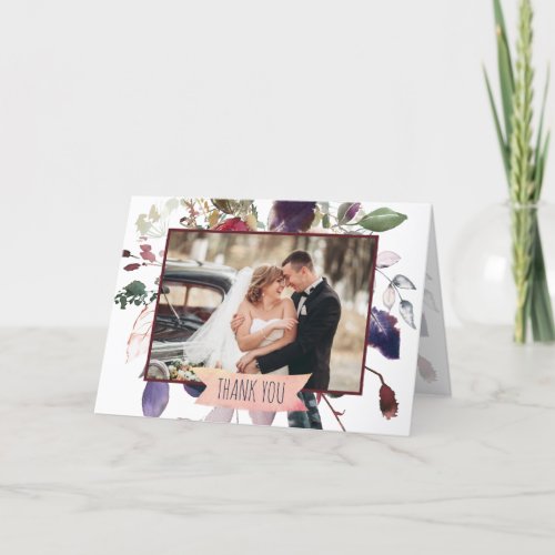Blank Inside Photo Burgundy Navy Floral Rose Gold Thank You Card